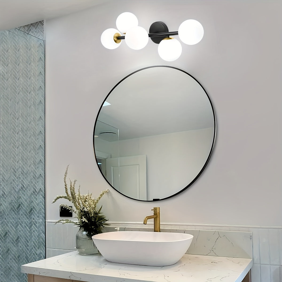 Bathroom Vanity Lights, 5-Light Bathroom Light Fixtures, Mid Century Modern Brass Bathroom Light Ceiling Light, Wall Sconces Semi-Flush Mount Light Fixture With Milk Globe Glass, Brass Gold, G9 Base