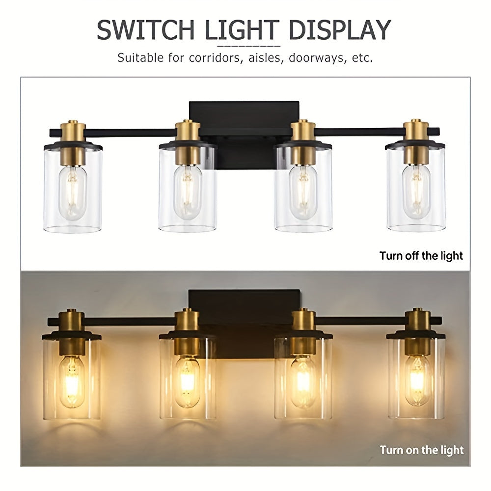 Three Black And Golden Light Fixtures for a Bathroom Vanity Above The Mirror, a Four-Light Modern Brass Wall Sconce Featuring a Glass Ball Shade, And Mid-Century Farmhouse Vanity Lighting (Bulb Not Included).