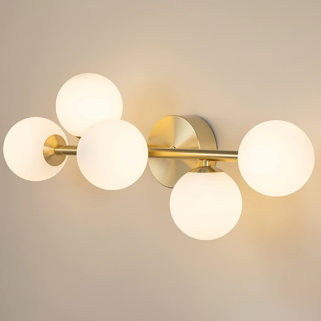 LED Bathroom Vanity Lights, 5-Light Bathroom Light Fixtures, Mid Century Modern Golden Bathroom Light Ceiling Light, Dimmable LED Wall Sconces Semi-Flush Mount Light Fixture With Milk Glass, Golden Brushed
