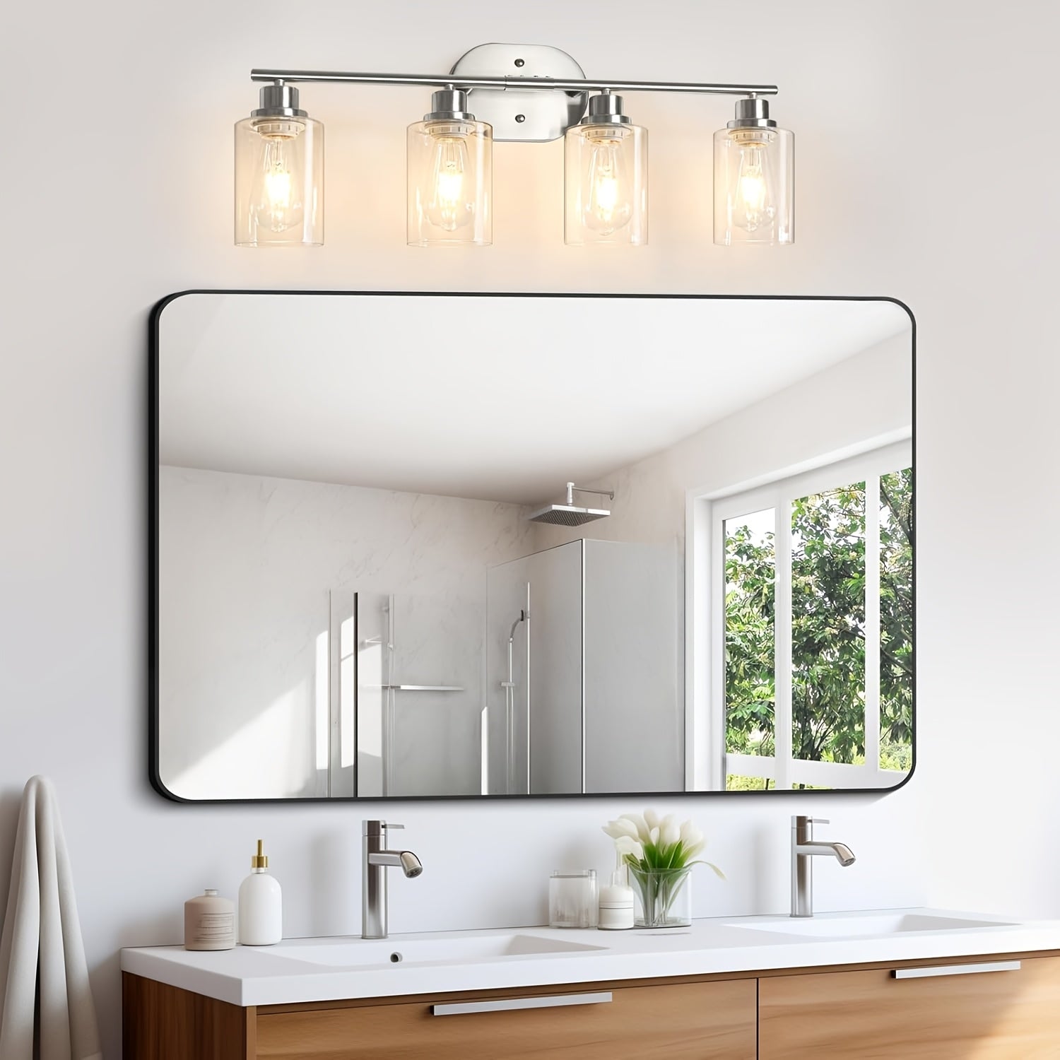 4-Light Bathroom Fixture, E26 Base Modern Vanity Mirror Light with Clear Glass Shade for Bathroom Wall Mirrors, Kitchen, Living Room, Hallway, Cabinets, Porch, Bedroom, Study, Bulb Not Included