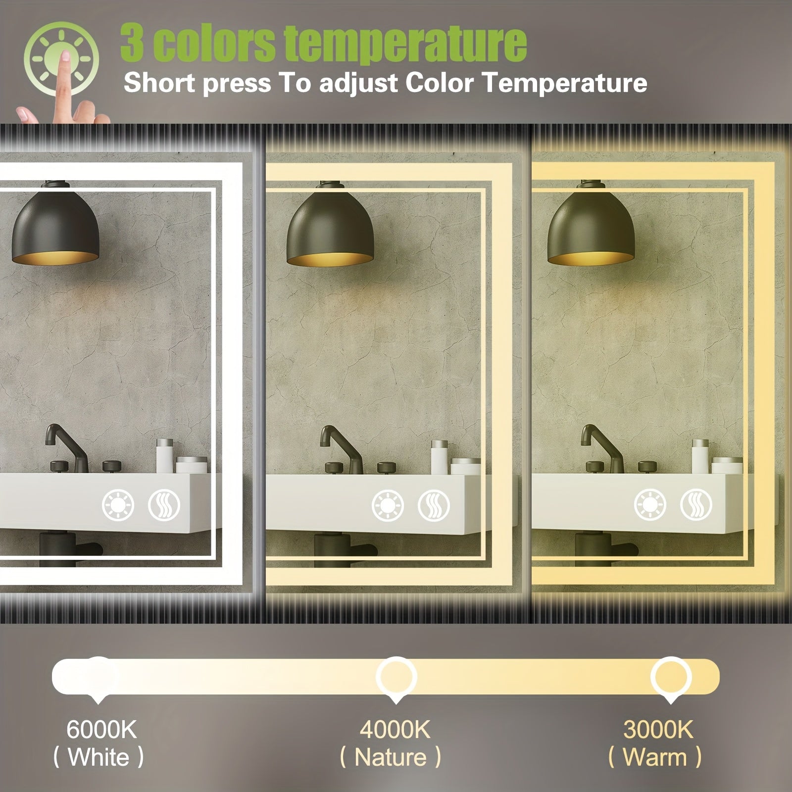 32X40 24X36 28X48 24X32 28X40LED Bathroom Mirror 3 Colors Dimmable Vanity Mirror Anti-fogging Bathroom Mirror with Memory Function Front And Backlit Wall Mounted Horizontal\u002FVertical