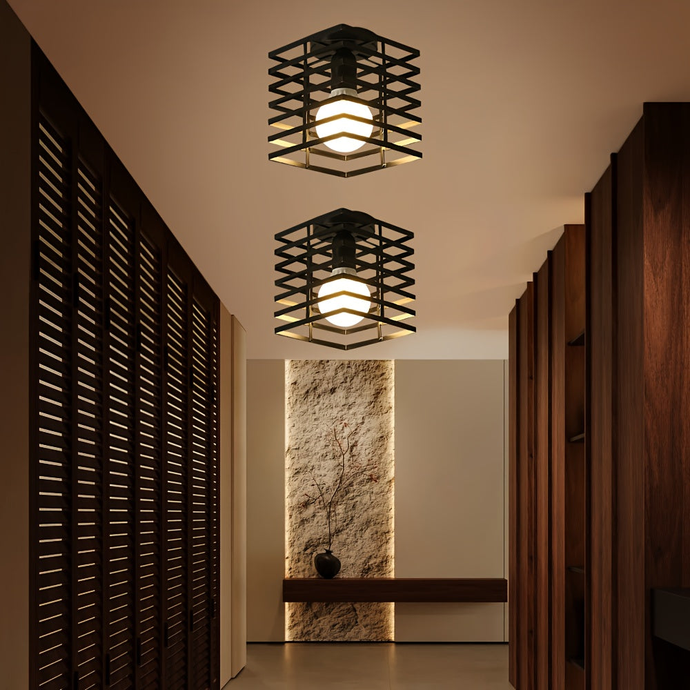 4\u002F1pc Rural Retro Industrial Style E27 Bulb Base Ceiling Light, Matte Black Metal Frame with Geometric Design, Bedroom, Hallway, Kitchen Entrance, Staircase, Balcony Lighting Fixture (Without Bulb)