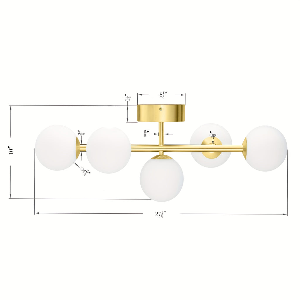 LED Bathroom Vanity Lights, 5-Light Bathroom Light Fixtures, Mid Century Modern Golden Bathroom Light Ceiling Light, Dimmable LED Wall Sconces Semi-Flush Mount Light Fixture With Milk Glass, Golden Brushed