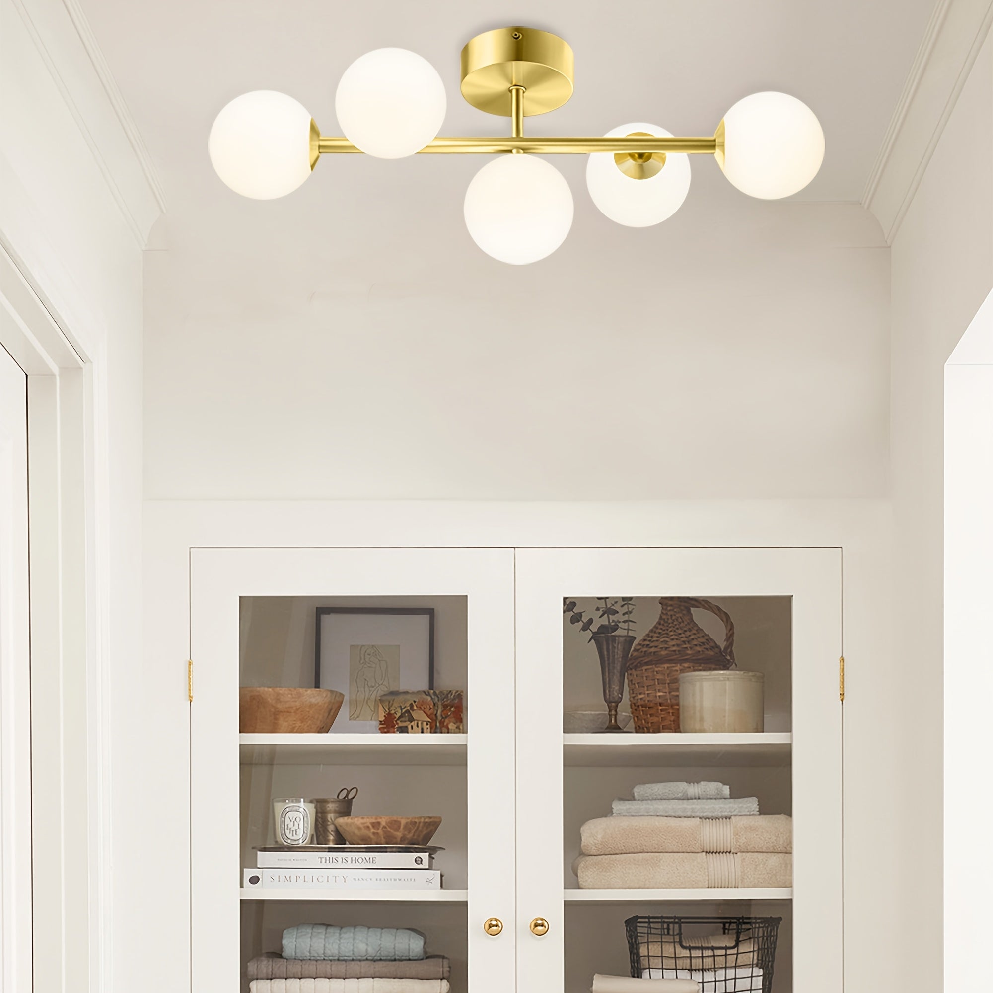 LED Bathroom Vanity Lights, 5-Light Bathroom Light Fixtures, Mid Century Modern Golden Bathroom Light Ceiling Light, Dimmable LED Wall Sconces Semi-Flush Mount Light Fixture With Milk Glass, Golden Brushed