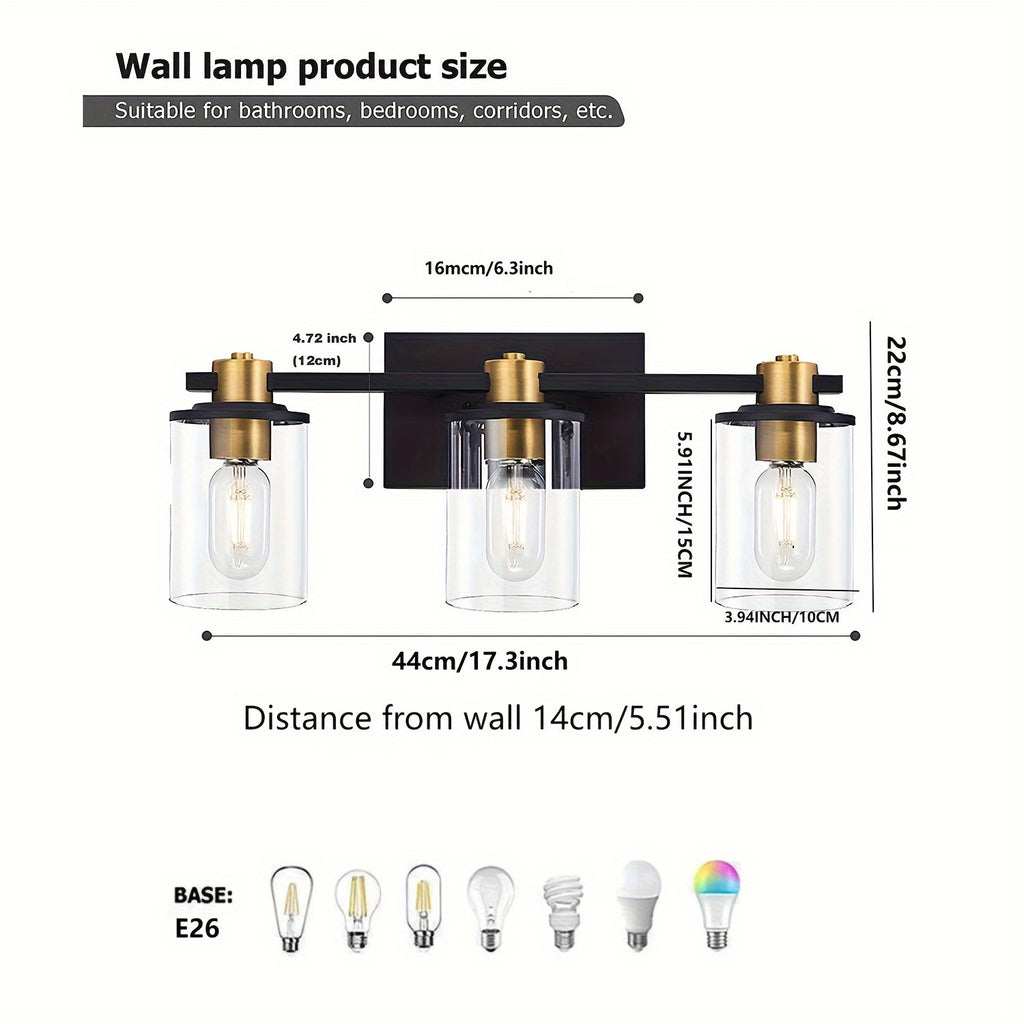 Three Black And Golden Light Fixtures for a Bathroom Vanity Above The Mirror, a Four-Light Modern Brass Wall Sconce Featuring a Glass Ball Shade, And Mid-Century Farmhouse Vanity Lighting (Bulb Not Included).