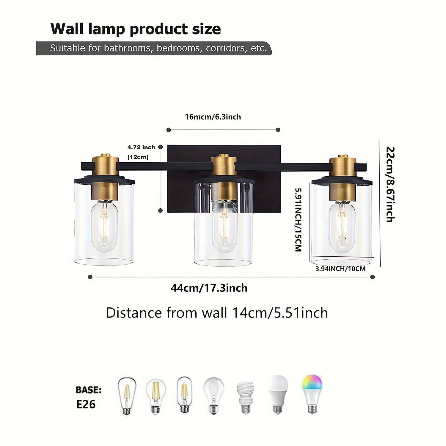 Three Black And Golden Light Fixtures for a Bathroom Vanity Above The Mirror, a Four-Light Modern Brass Wall Sconce Featuring a Glass Ball Shade, And Mid-Century Farmhouse Vanity Lighting (Bulb Not Included).