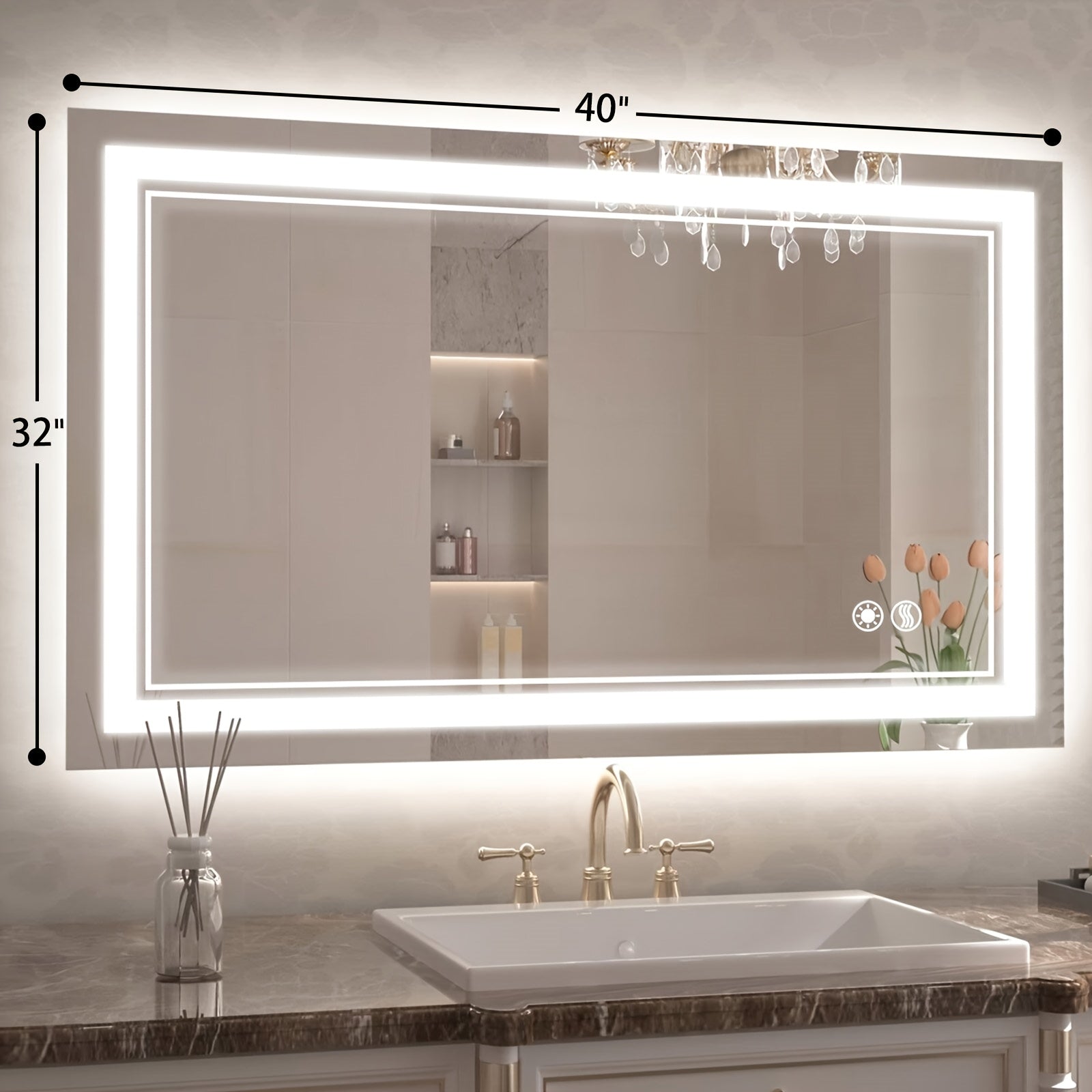 32X40 24X36 28X48 24X32 28X40LED Bathroom Mirror 3 Colors Dimmable Vanity Mirror Anti-fogging Bathroom Mirror with Memory Function Front And Backlit Wall Mounted Horizontal\u002FVertical
