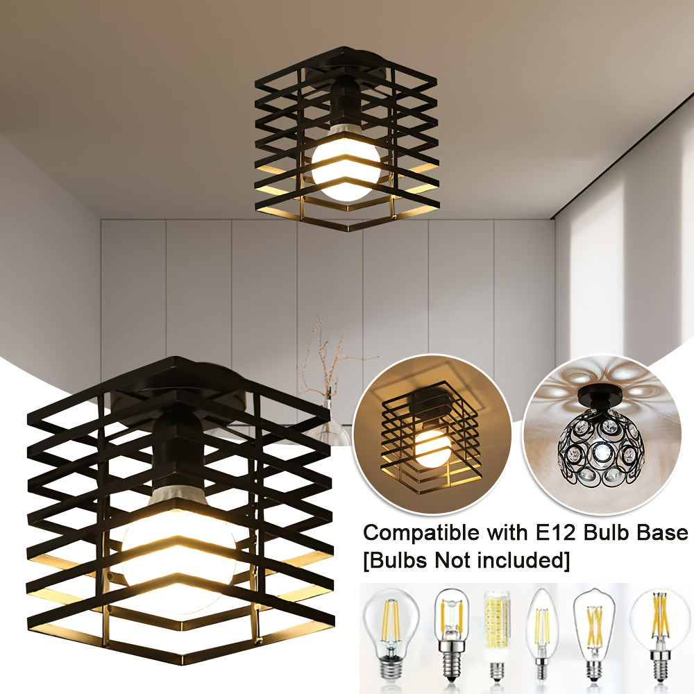 4\u002F1pc Rural Retro Industrial Style E27 Bulb Base Ceiling Light, Matte Black Metal Frame with Geometric Design, Bedroom, Hallway, Kitchen Entrance, Staircase, Balcony Lighting Fixture (Without Bulb)