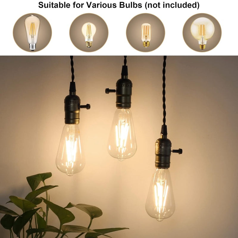 Vintage Pendant Light Kit Cord with Dimming Switch and Triple E26 E27 Industrial Light Socket Lamp Holder 25FT Twisted Black Cloth Bulb Cord Plug in Hanging Light Fixture