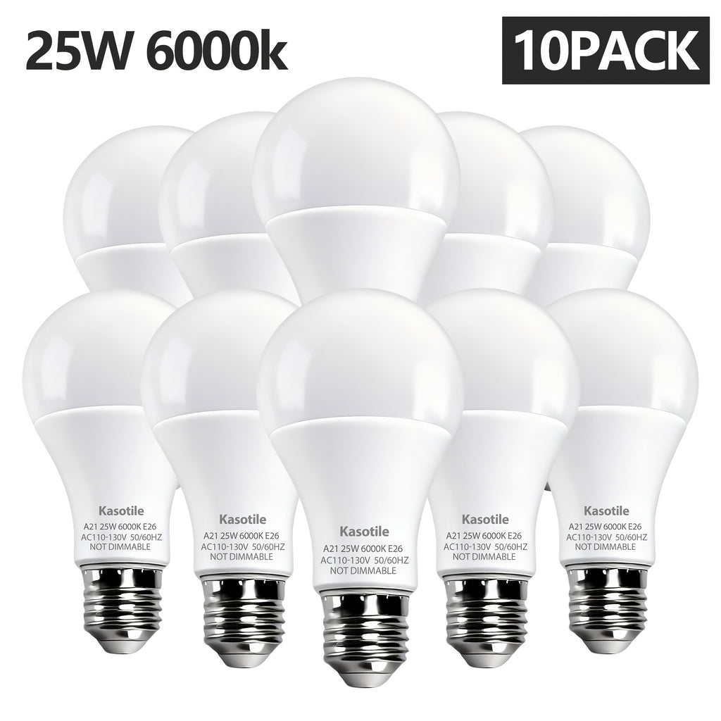 A21 LED Bulb 25W (120W Super Bright) Energy Saving 80% E26 Screw Base 110-130V 6000K White Light, Non-Dimmable, for Home And Commercial Use, Instant On, Flicker-Free (10 Pack)