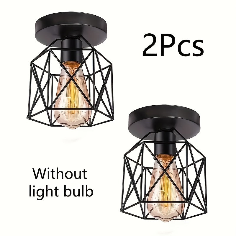 4\u002F1pc Rural Retro Industrial Style E27 Bulb Base Ceiling Light, Matte Black Metal Frame with Geometric Design, Bedroom, Hallway, Kitchen Entrance, Staircase, Balcony Lighting Fixture (Without Bulb)