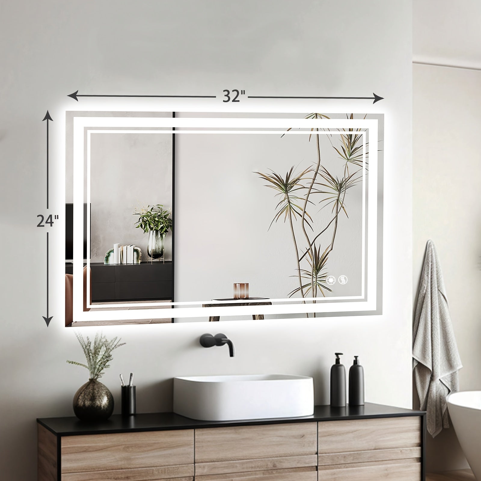 32X40 24X36 28X48 24X32 28X40LED Bathroom Mirror 3 Colors Dimmable Vanity Mirror Anti-fogging Bathroom Mirror with Memory Function Front And Backlit Wall Mounted Horizontal\u002FVertical