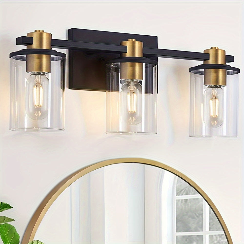 Three Black And Golden Light Fixtures for a Bathroom Vanity Above The Mirror, a Four-Light Modern Brass Wall Sconce Featuring a Glass Ball Shade, And Mid-Century Farmhouse Vanity Lighting (Bulb Not Included).
