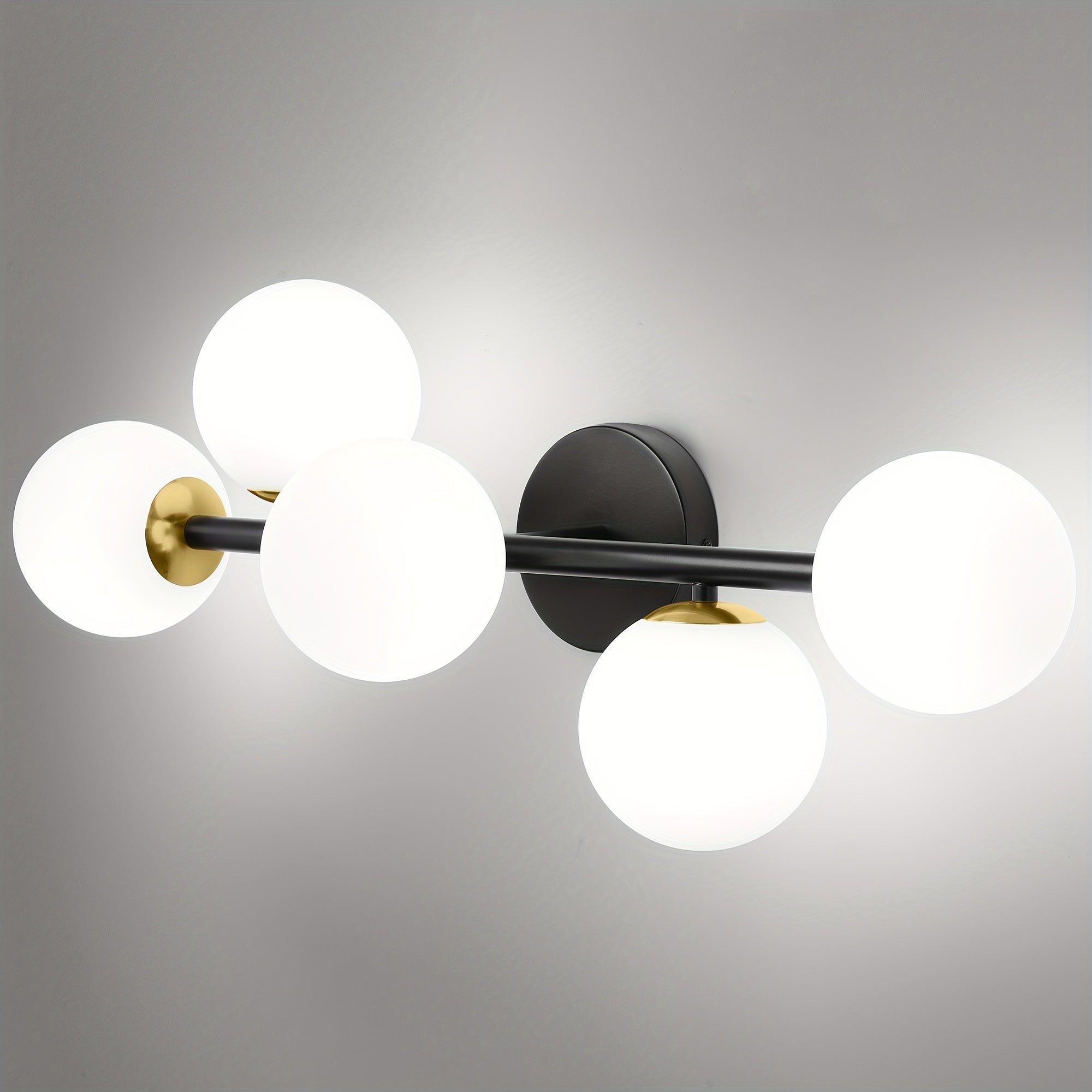Bathroom Vanity Lights, 5-Light Bathroom Light Fixtures, Mid Century Modern Brass Bathroom Light Ceiling Light, Wall Sconces Semi-Flush Mount Light Fixture With Milk Globe Glass, Brass Gold, G9 Base