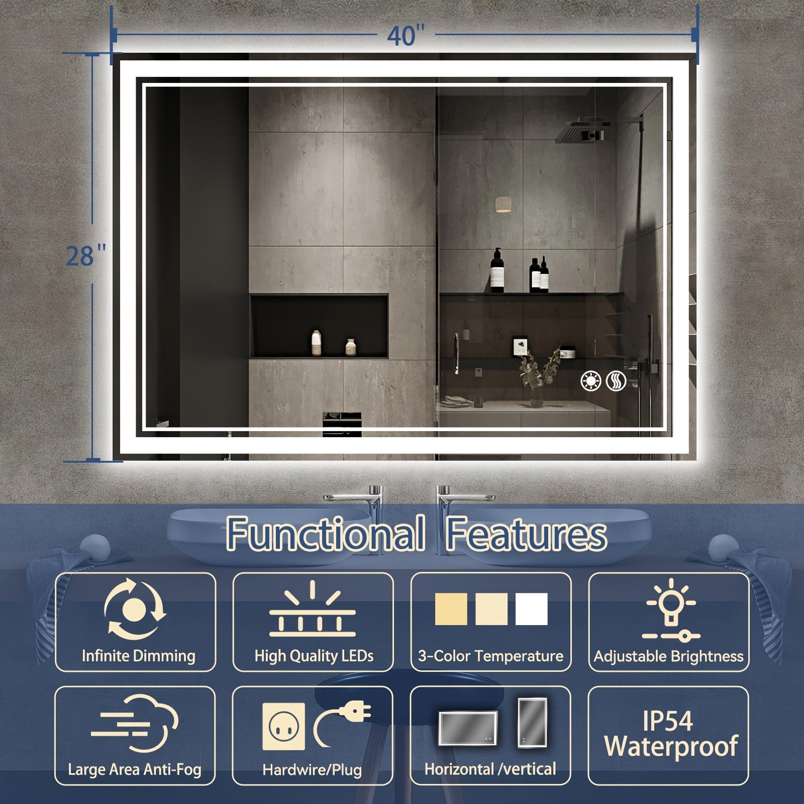 32X40 24X36 28X48 24X32 28X40LED Bathroom Mirror 3 Colors Dimmable Vanity Mirror Anti-fogging Bathroom Mirror with Memory Function Front And Backlit Wall Mounted Horizontal\u002FVertical