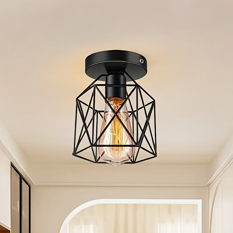 4\u002F1pc Rural Retro Industrial Style E27 Bulb Base Ceiling Light, Matte Black Metal Frame with Geometric Design, Bedroom, Hallway, Kitchen Entrance, Staircase, Balcony Lighting Fixture (Without Bulb)