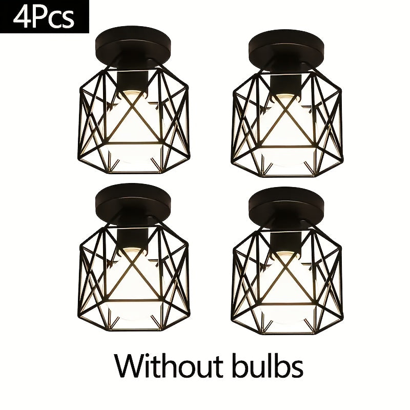 4\u002F1pc Rural Retro Industrial Style E27 Bulb Base Ceiling Light, Matte Black Metal Frame with Geometric Design, Bedroom, Hallway, Kitchen Entrance, Staircase, Balcony Lighting Fixture (Without Bulb)