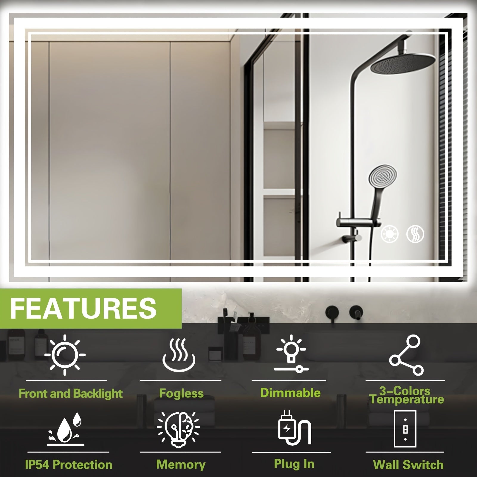 32X40 24X36 28X48 24X32 28X40LED Bathroom Mirror 3 Colors Dimmable Vanity Mirror Anti-fogging Bathroom Mirror with Memory Function Front And Backlit Wall Mounted Horizontal\u002FVertical