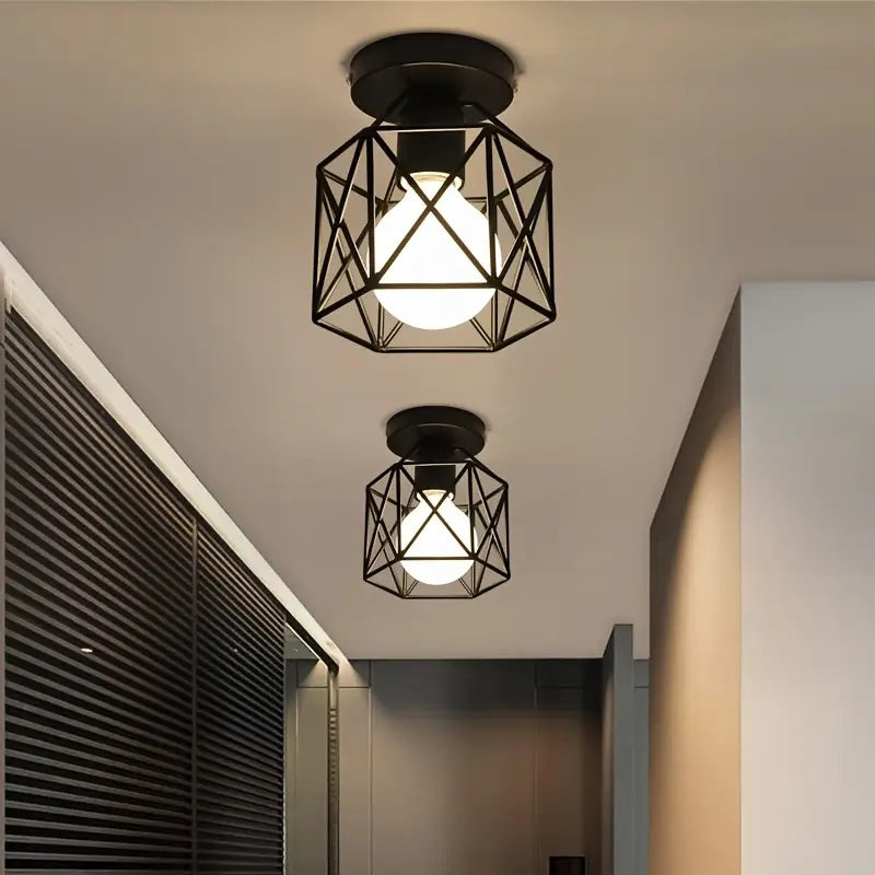 4\u002F1pc Rural Retro Industrial Style E27 Bulb Base Ceiling Light, Matte Black Metal Frame with Geometric Design, Bedroom, Hallway, Kitchen Entrance, Staircase, Balcony Lighting Fixture (Without Bulb)