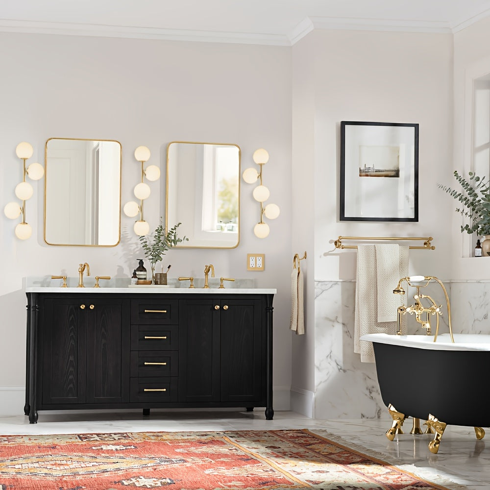 Bathroom Vanity Lights, 5-Light Bathroom Light Fixtures, Mid Century Modern Brass Bathroom Light Ceiling Light, Wall Sconces Semi-Flush Mount Light Fixture With Milk Globe Glass, Brass Gold, G9 Base