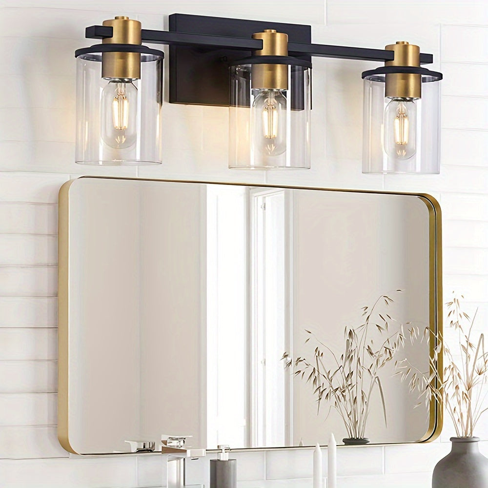 Three Black And Golden Light Fixtures for a Bathroom Vanity Above The Mirror, a Four-Light Modern Brass Wall Sconce Featuring a Glass Ball Shade, And Mid-Century Farmhouse Vanity Lighting (Bulb Not Included).