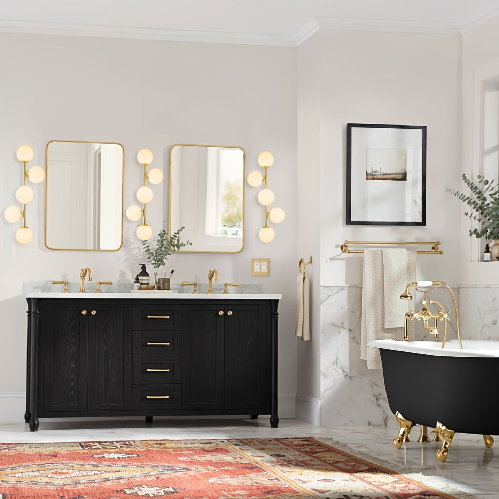 LED Bathroom Vanity Lights, 5-Light Bathroom Light Fixtures, Mid Century Modern Golden Bathroom Light Ceiling Light, Dimmable LED Wall Sconces Semi-Flush Mount Light Fixture With Milk Glass, Golden Brushed