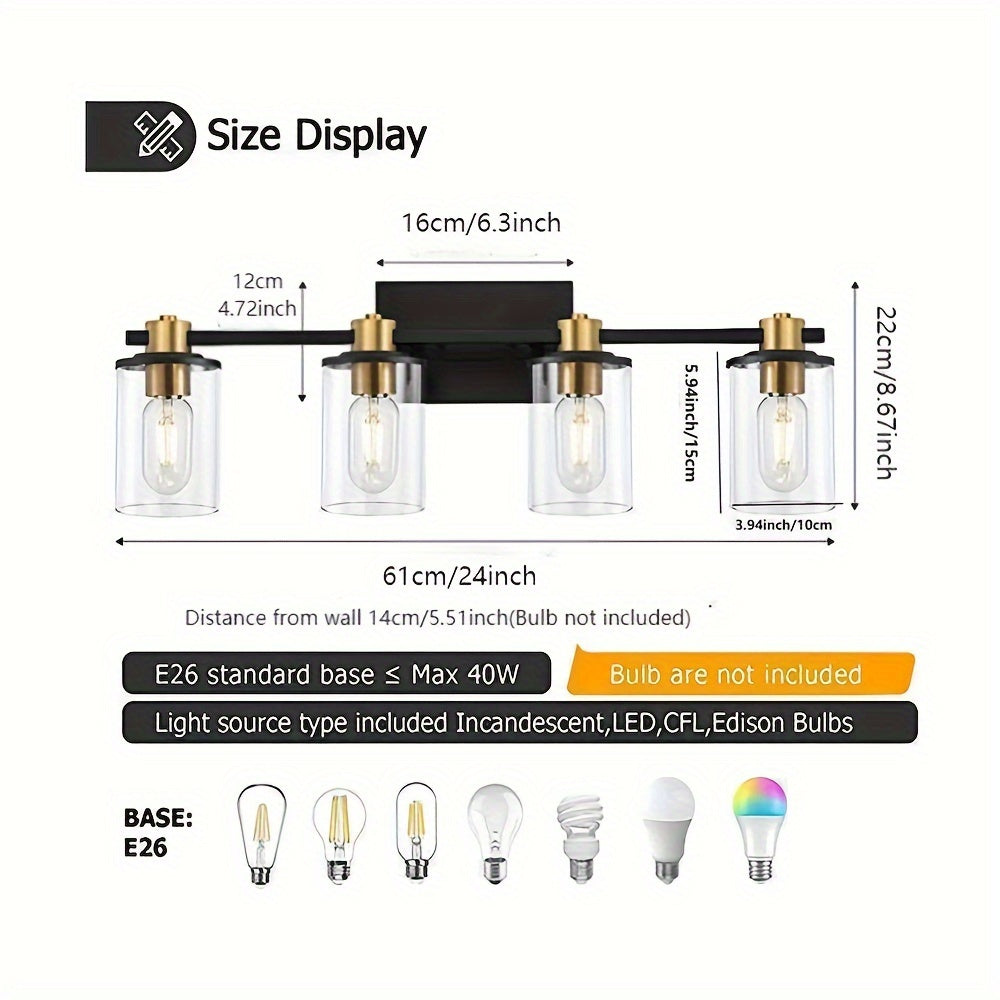 Three Black And Golden Light Fixtures for a Bathroom Vanity Above The Mirror, a Four-Light Modern Brass Wall Sconce Featuring a Glass Ball Shade, And Mid-Century Farmhouse Vanity Lighting (Bulb Not Included).