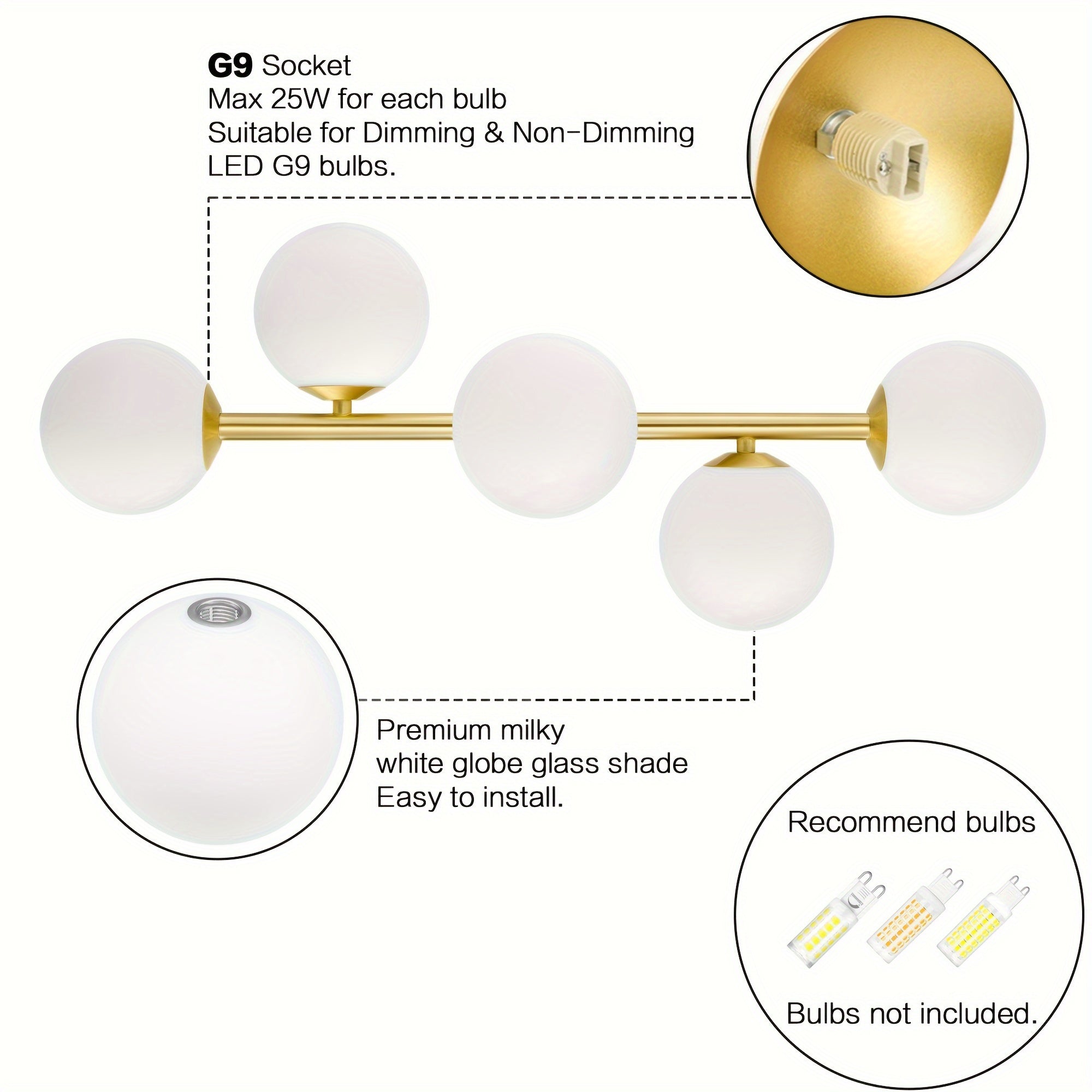 Bathroom Vanity Lights, 5-Light Bathroom Light Fixtures, Mid Century Modern Brass Bathroom Light Ceiling Light, Wall Sconces Semi-Flush Mount Light Fixture With Milk Globe Glass, Brass Gold, G9 Base