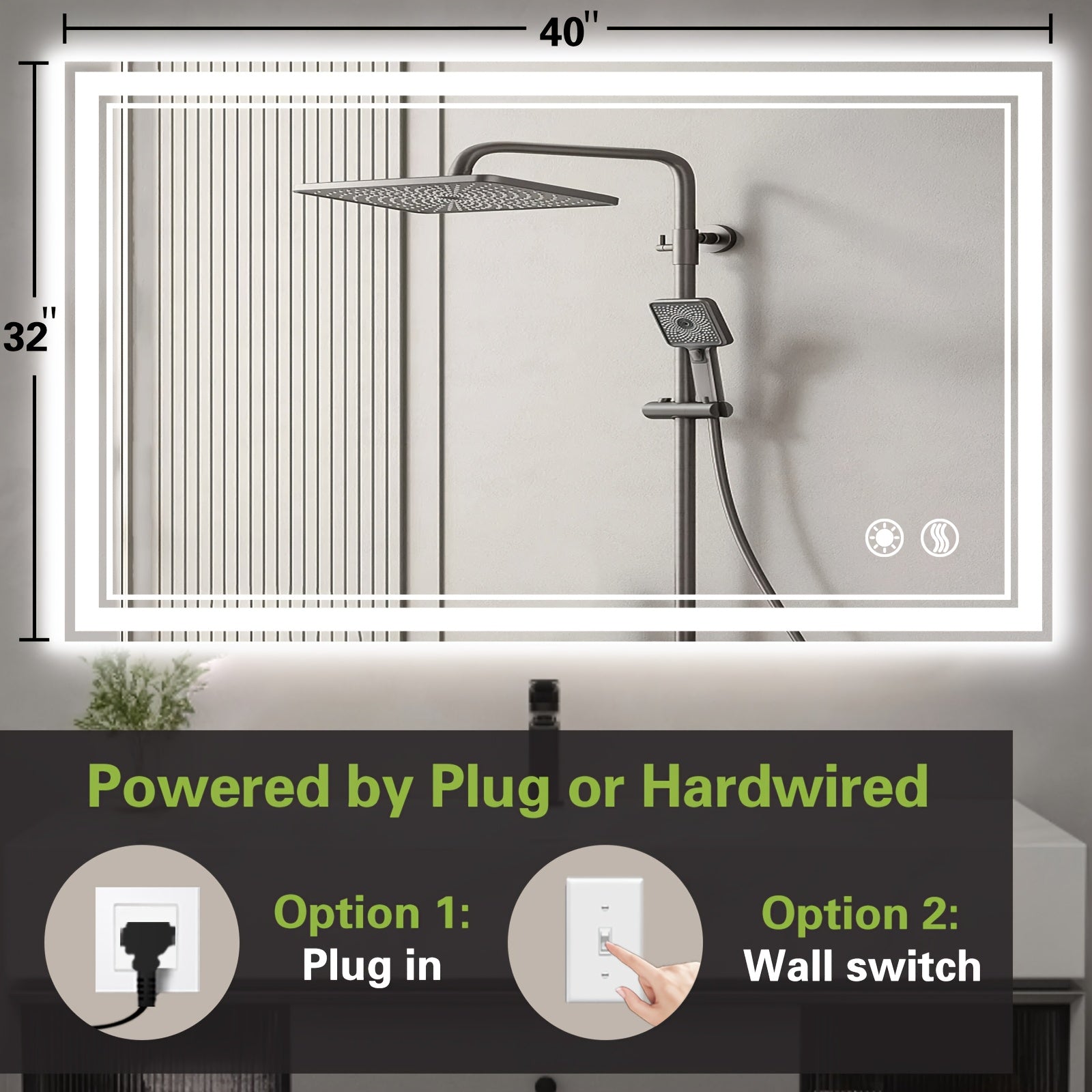 32X40 24X36 28X48 24X32 28X40LED Bathroom Mirror 3 Colors Dimmable Vanity Mirror Anti-fogging Bathroom Mirror with Memory Function Front And Backlit Wall Mounted Horizontal\u002FVertical