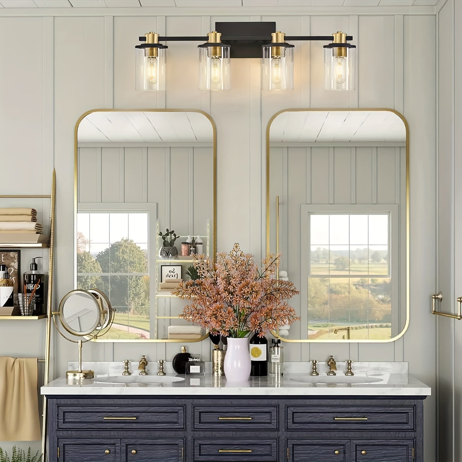 Three Black And Golden Light Fixtures for a Bathroom Vanity Above The Mirror, a Four-Light Modern Brass Wall Sconce Featuring a Glass Ball Shade, And Mid-Century Farmhouse Vanity Lighting (Bulb Not Included).