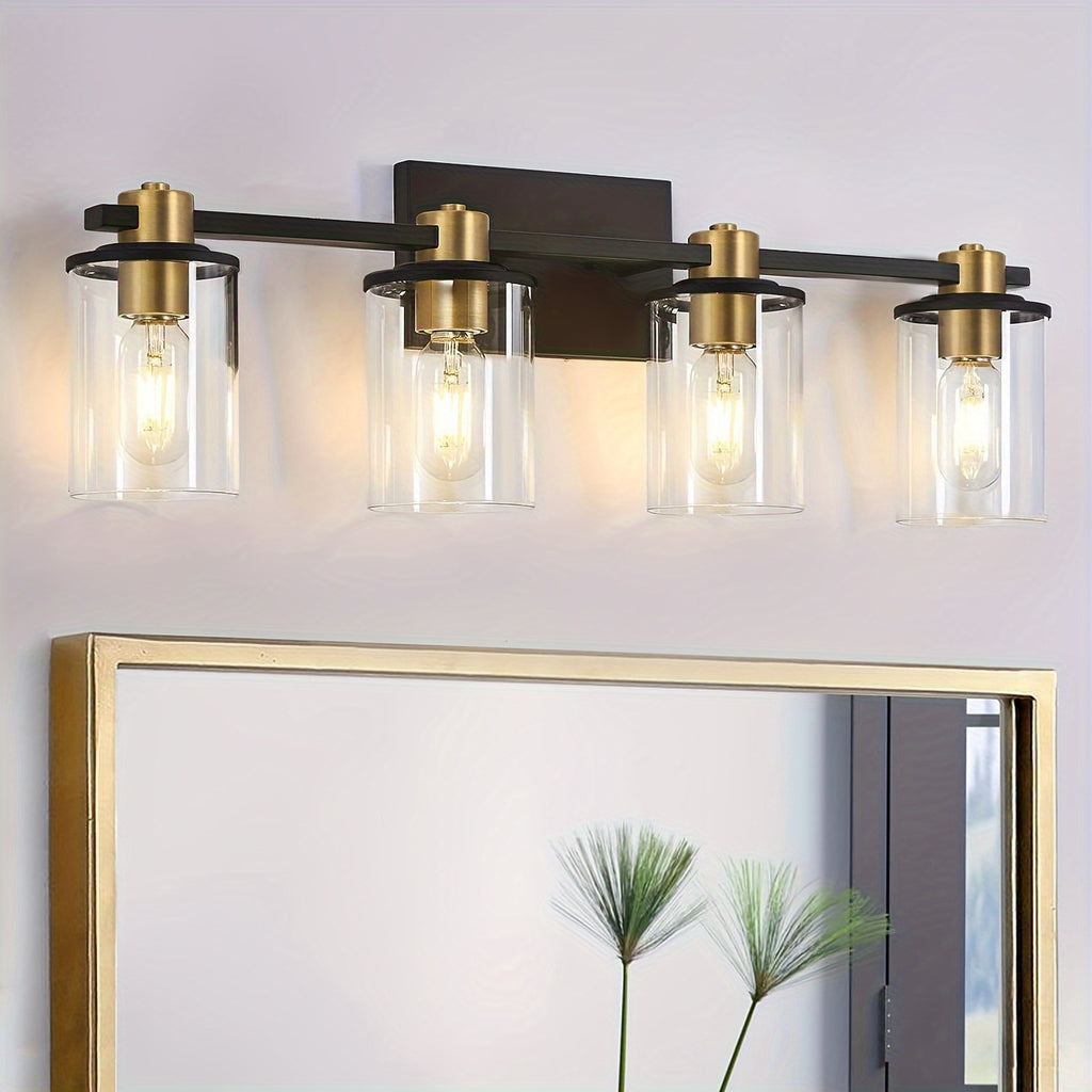 Three Black And Golden Light Fixtures for a Bathroom Vanity Above The Mirror, a Four-Light Modern Brass Wall Sconce Featuring a Glass Ball Shade, And Mid-Century Farmhouse Vanity Lighting (Bulb Not Included).