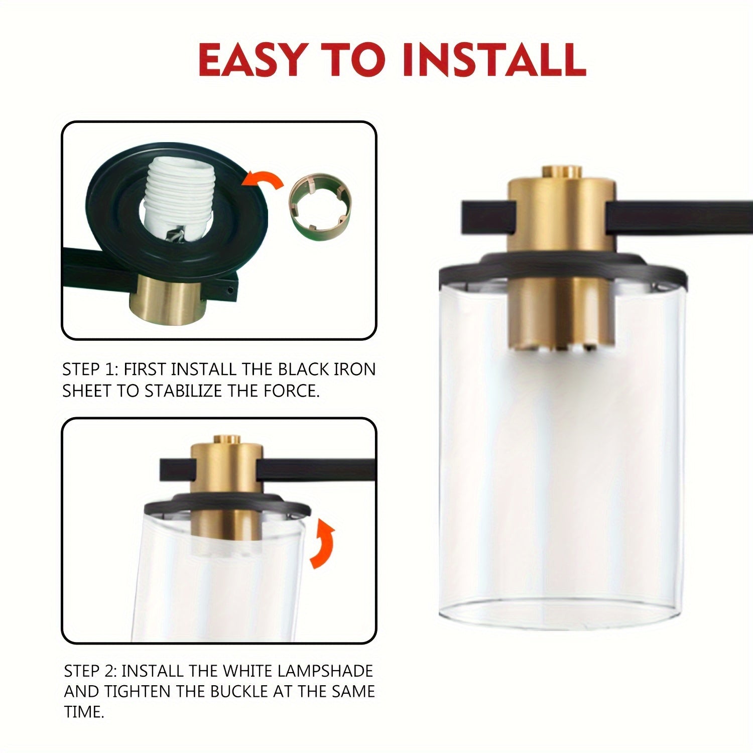 Three Black And Golden Light Fixtures for a Bathroom Vanity Above The Mirror, a Four-Light Modern Brass Wall Sconce Featuring a Glass Ball Shade, And Mid-Century Farmhouse Vanity Lighting (Bulb Not Included).