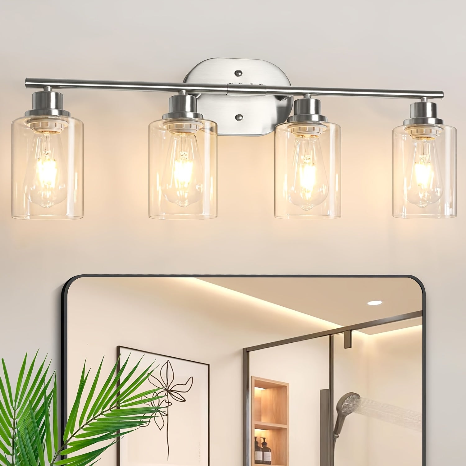 4-Light Bathroom Fixture, E26 Base Modern Vanity Mirror Light with Clear Glass Shade for Bathroom Wall Mirrors, Kitchen, Living Room, Hallway, Cabinets, Porch, Bedroom, Study, Bulb Not Included