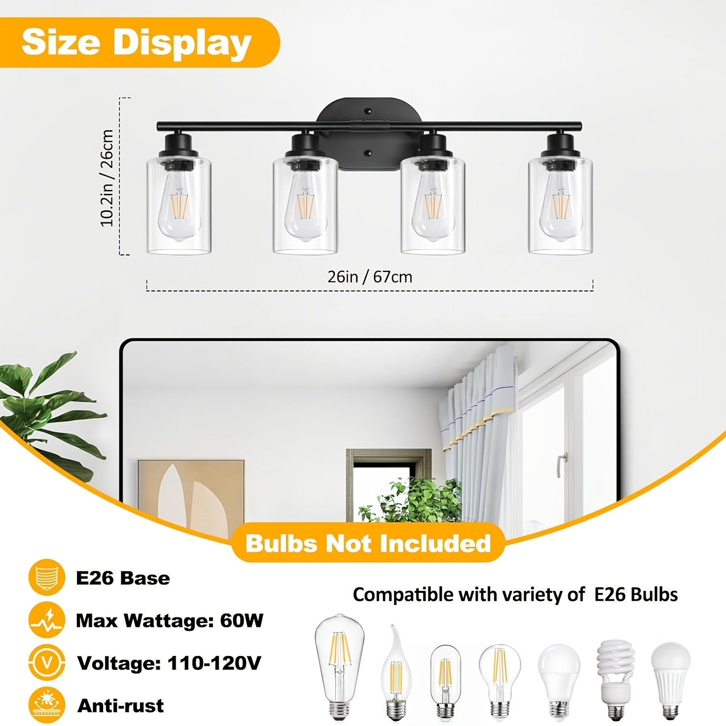 4-Light Bathroom Fixture, E26 Base Modern Vanity Mirror Light with Clear Glass Shade for Bathroom Wall Mirrors, Kitchen, Living Room, Hallway, Cabinets, Porch, Bedroom, Study, Bulb Not Included