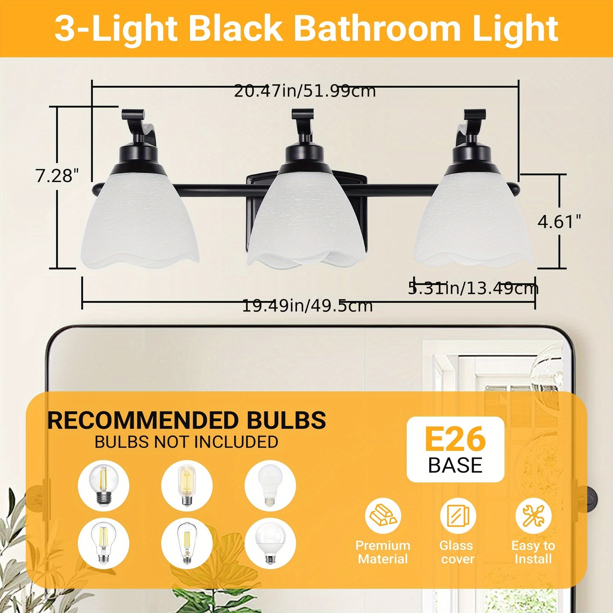 3-Light Modern Bathroom Vanity Light, Matte Black Wall Lights with Frosted Glass Shades, Bathroom Wall Sconce Lamp for Mirror Living Room Bedroom Hallway