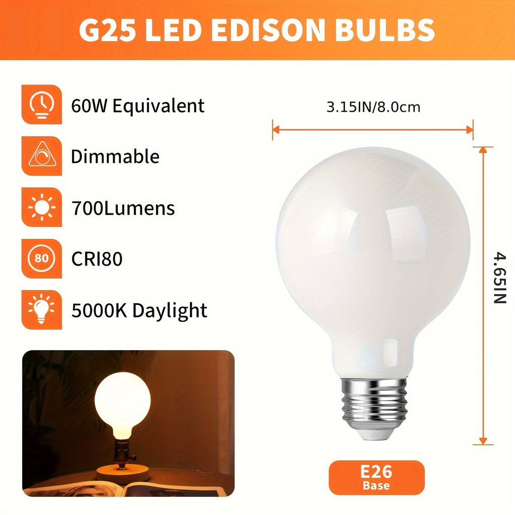 G25 Globe Light Bulbs 60 Watt, Dimmable E26 led Light Bulb, Decorative Vanity Lights LED Bulbs, 5000K Daylight, 700LM, 8Pack