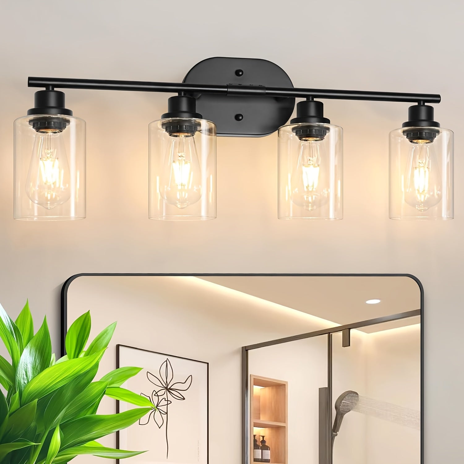 4-Light Bathroom Fixture, E26 Base Modern Vanity Mirror Light with Clear Glass Shade for Bathroom Wall Mirrors, Kitchen, Living Room, Hallway, Cabinets, Porch, Bedroom, Study, Bulb Not Included