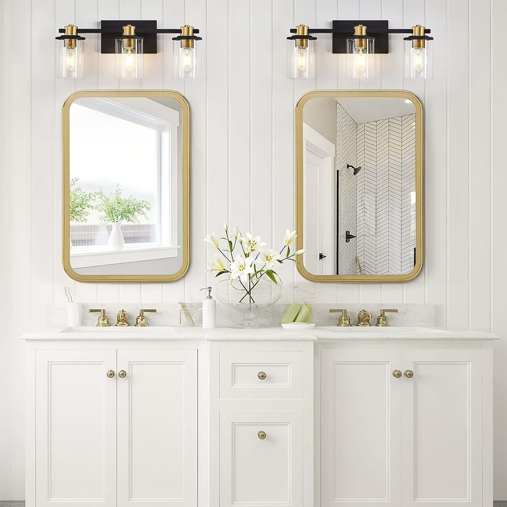 Three Black And Golden Light Fixtures for a Bathroom Vanity Above The Mirror, a Four-Light Modern Brass Wall Sconce Featuring a Glass Ball Shade, And Mid-Century Farmhouse Vanity Lighting (Bulb Not Included).