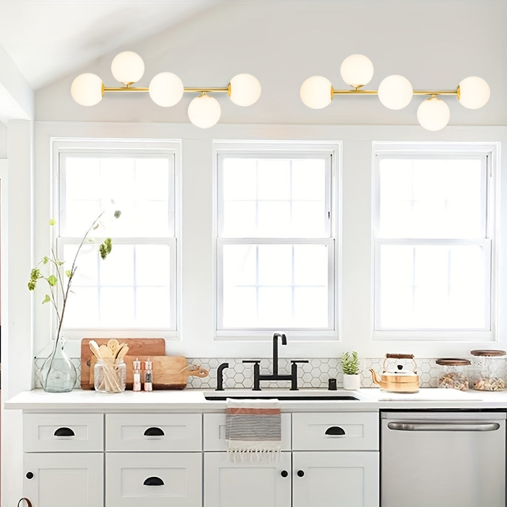 LED Bathroom Vanity Lights, 5-Light Bathroom Light Fixtures, Mid Century Modern Golden Bathroom Light Ceiling Light, Dimmable LED Wall Sconces Semi-Flush Mount Light Fixture With Milk Glass, Golden Brushed