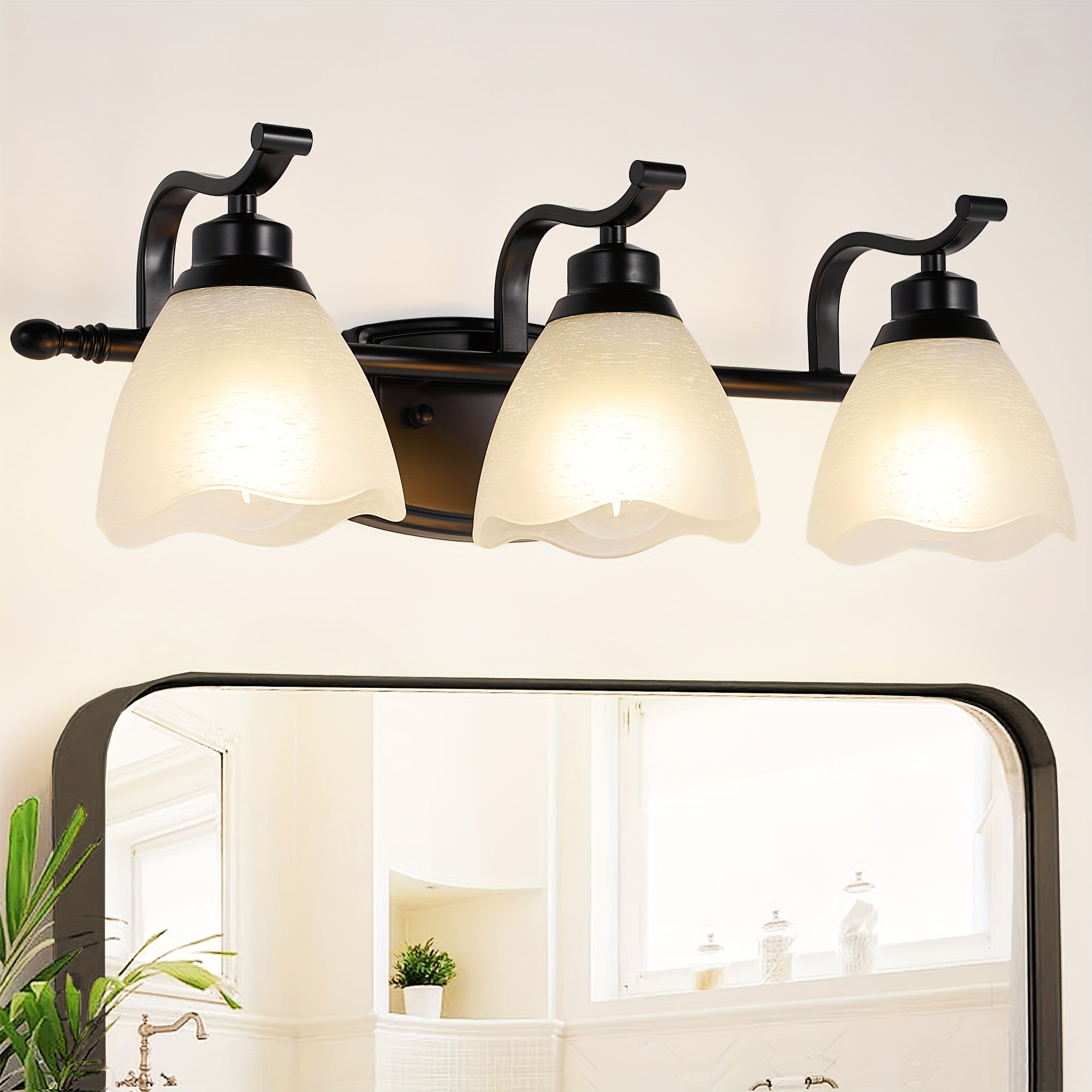 3-Light Modern Bathroom Vanity Light, Matte Black Wall Lights with Frosted Glass Shades, Bathroom Wall Sconce Lamp for Mirror Living Room Bedroom Hallway