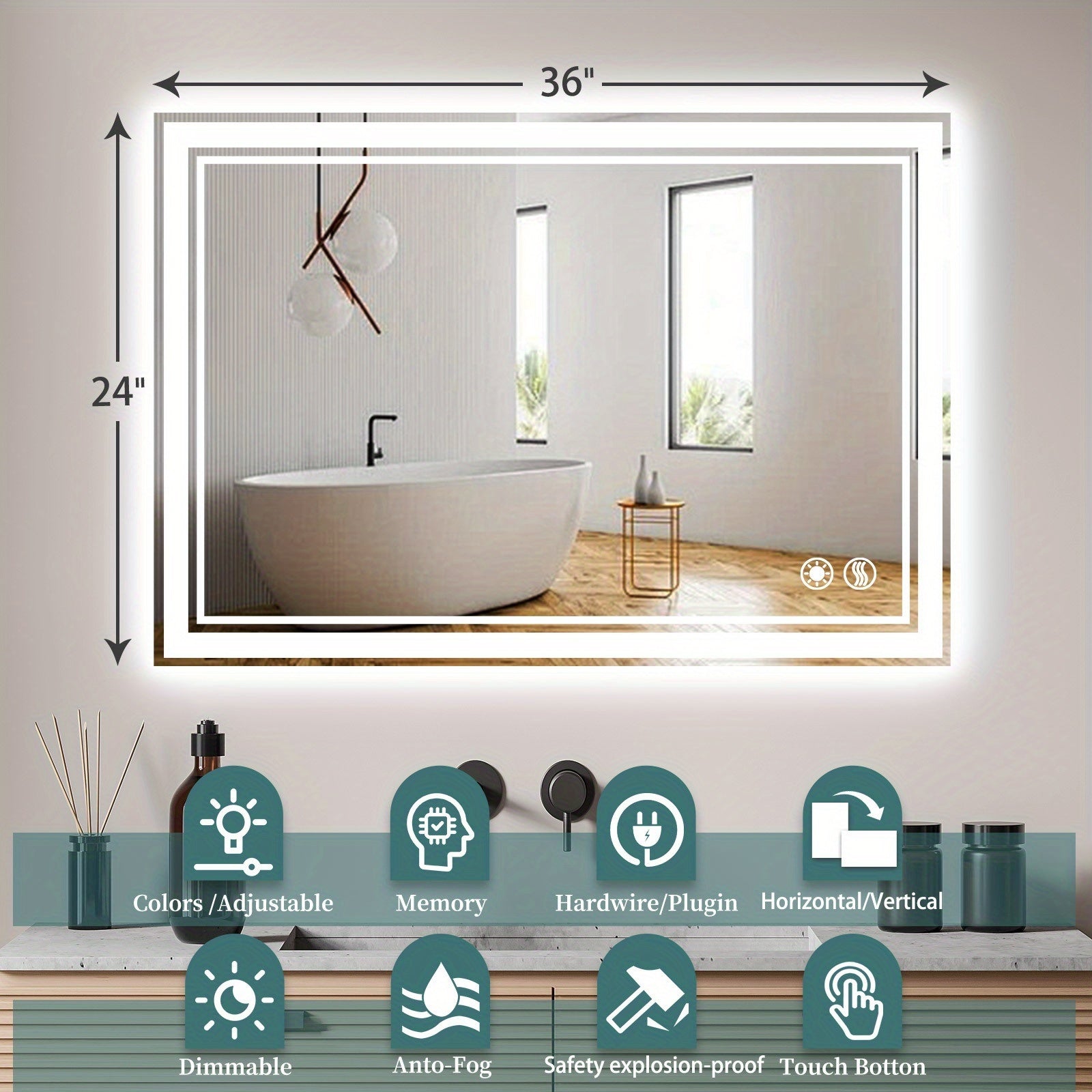 32X40 24X36 28X48 24X32 28X40LED Bathroom Mirror 3 Colors Dimmable Vanity Mirror Anti-fogging Bathroom Mirror with Memory Function Front And Backlit Wall Mounted Horizontal\u002FVertical