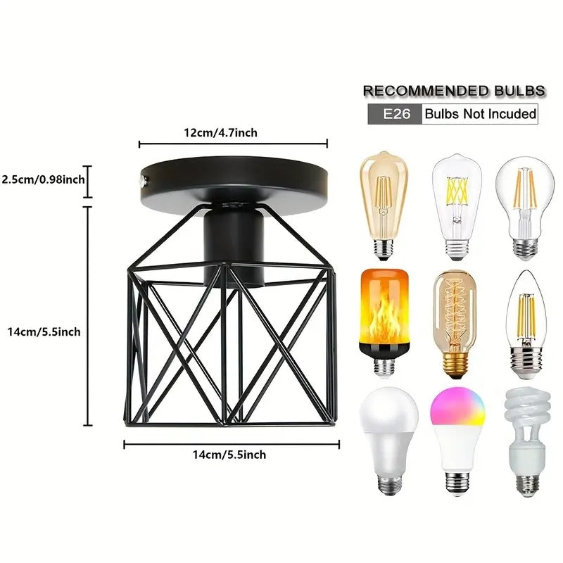 4\u002F1pc Rural Retro Industrial Style E27 Bulb Base Ceiling Light, Matte Black Metal Frame with Geometric Design, Bedroom, Hallway, Kitchen Entrance, Staircase, Balcony Lighting Fixture (Without Bulb)