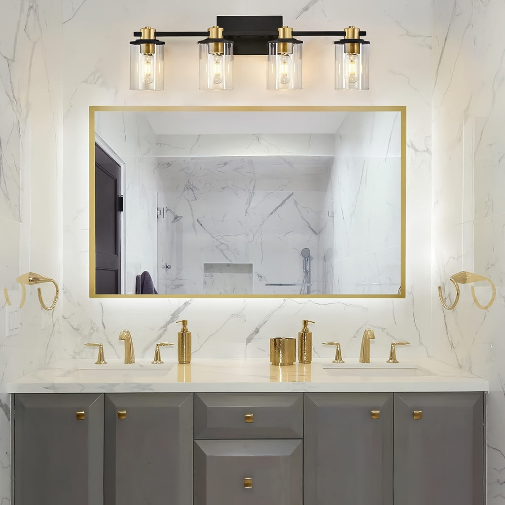 Three Black And Golden Light Fixtures for a Bathroom Vanity Above The Mirror, a Four-Light Modern Brass Wall Sconce Featuring a Glass Ball Shade, And Mid-Century Farmhouse Vanity Lighting (Bulb Not Included).
