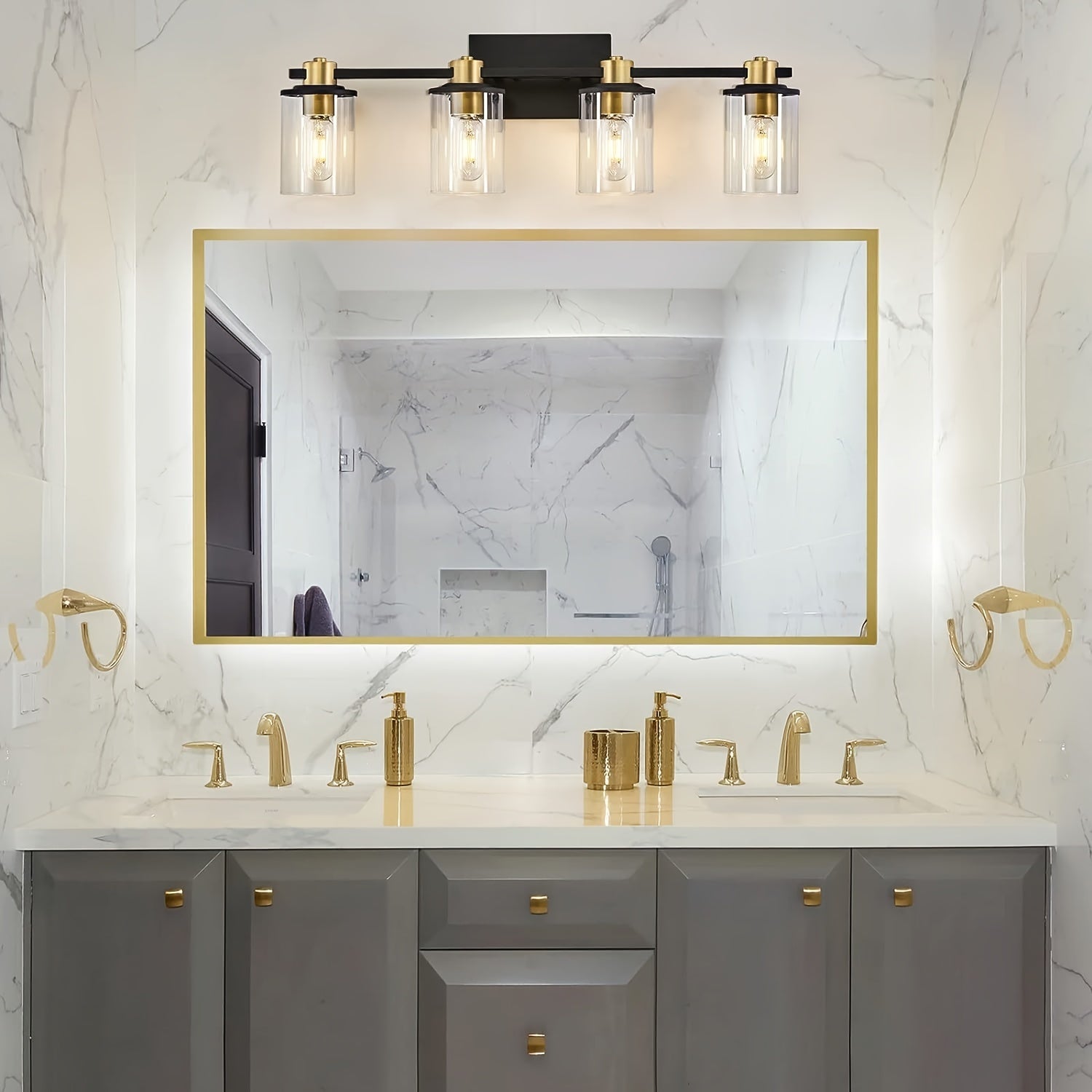 Three Black And Golden Light Fixtures for a Bathroom Vanity Above The Mirror, a Four-Light Modern Brass Wall Sconce Featuring a Glass Ball Shade, And Mid-Century Farmhouse Vanity Lighting (Bulb Not Included).