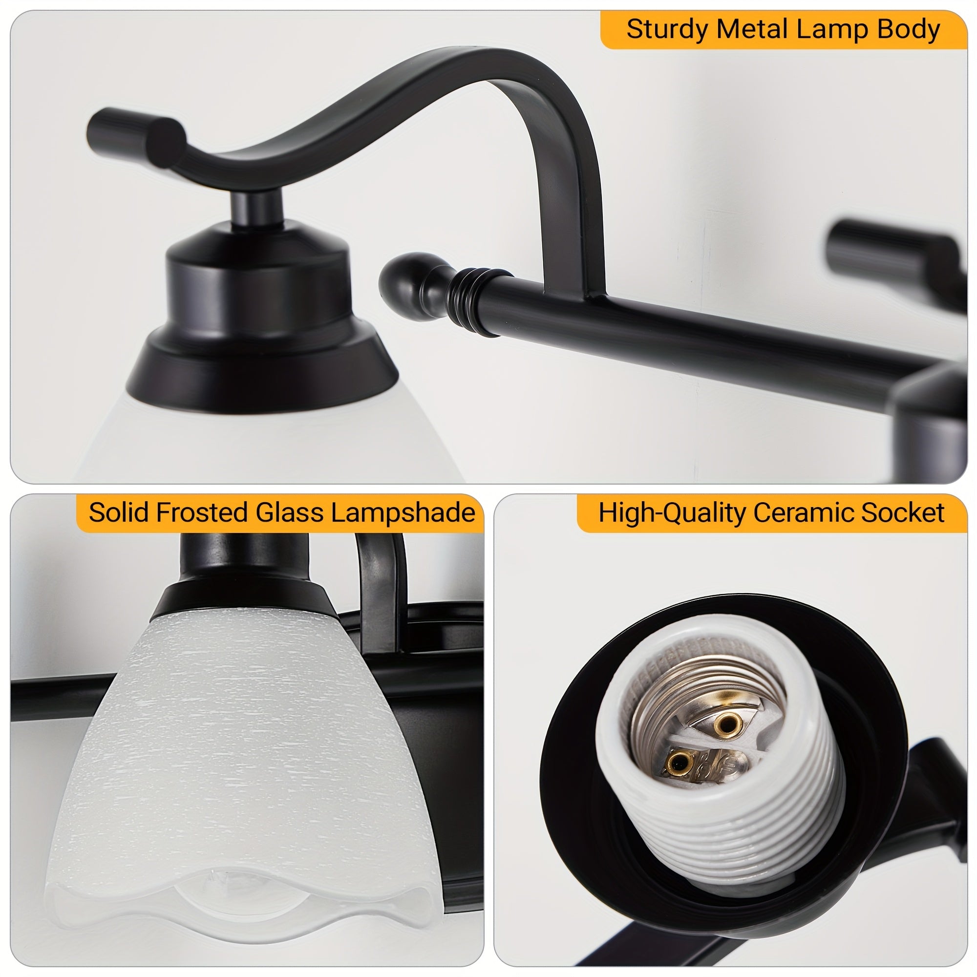 3-Light Modern Bathroom Vanity Light, Matte Black Wall Lights with Frosted Glass Shades, Bathroom Wall Sconce Lamp for Mirror Living Room Bedroom Hallway