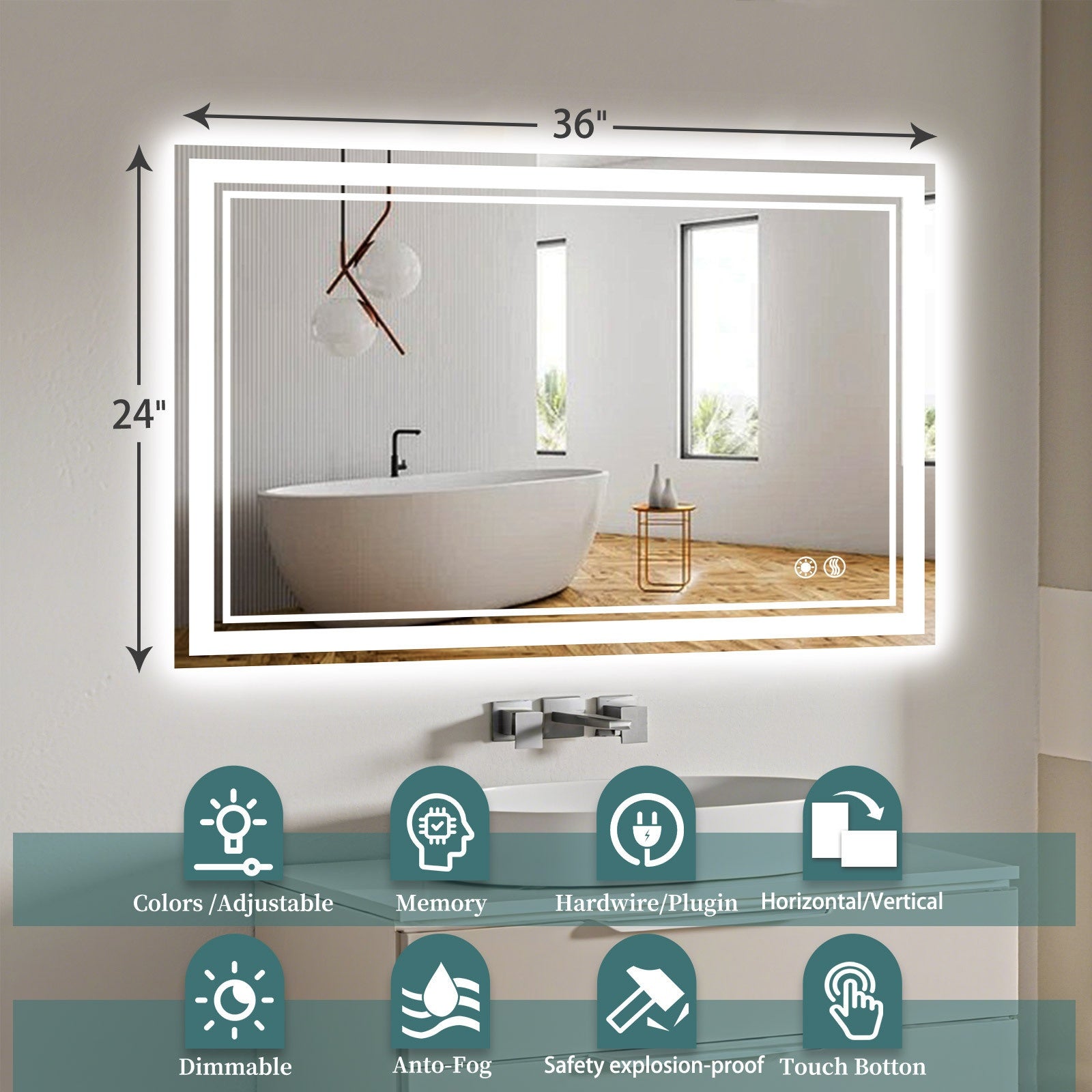 32X40 24X36 28X48 24X32 28X40LED Bathroom Mirror 3 Colors Dimmable Vanity Mirror Anti-fogging Bathroom Mirror with Memory Function Front And Backlit Wall Mounted Horizontal\u002FVertical
